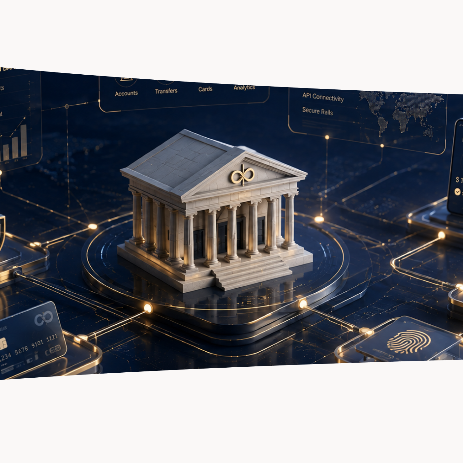 A classical bank rendered over a lit global payments network