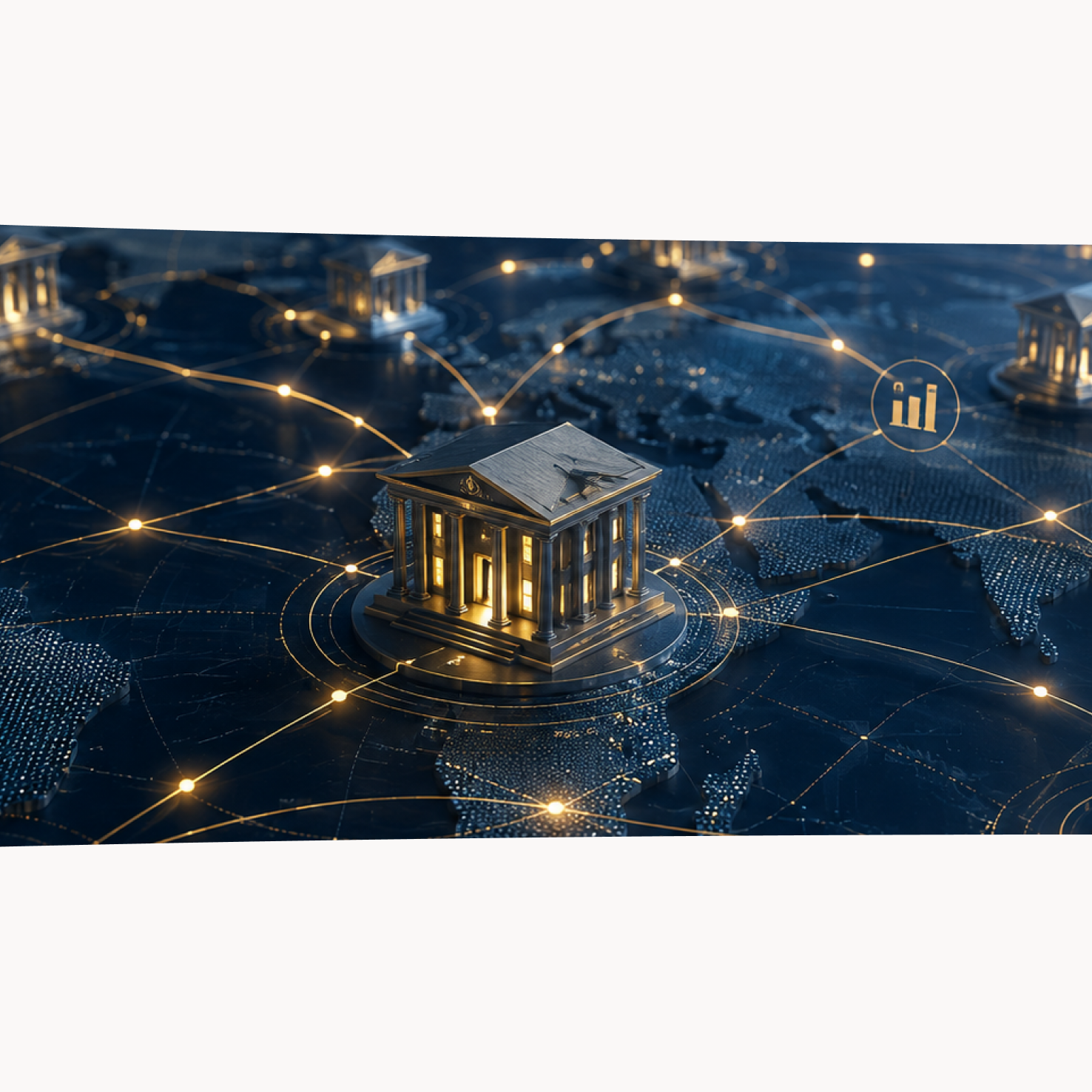 A bank at the centre of an illuminated world map of payment corridors