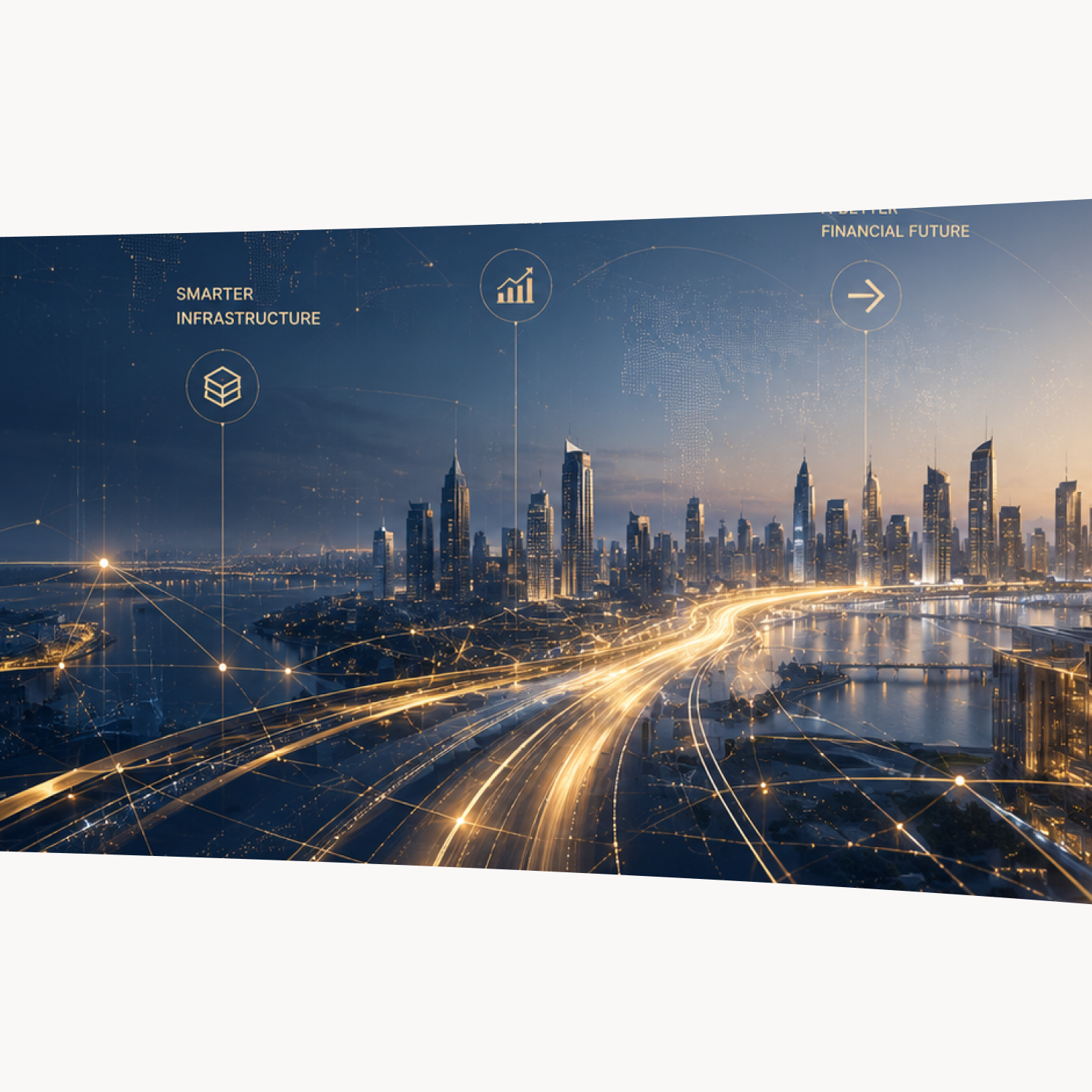 A financial district at dusk with data overlays