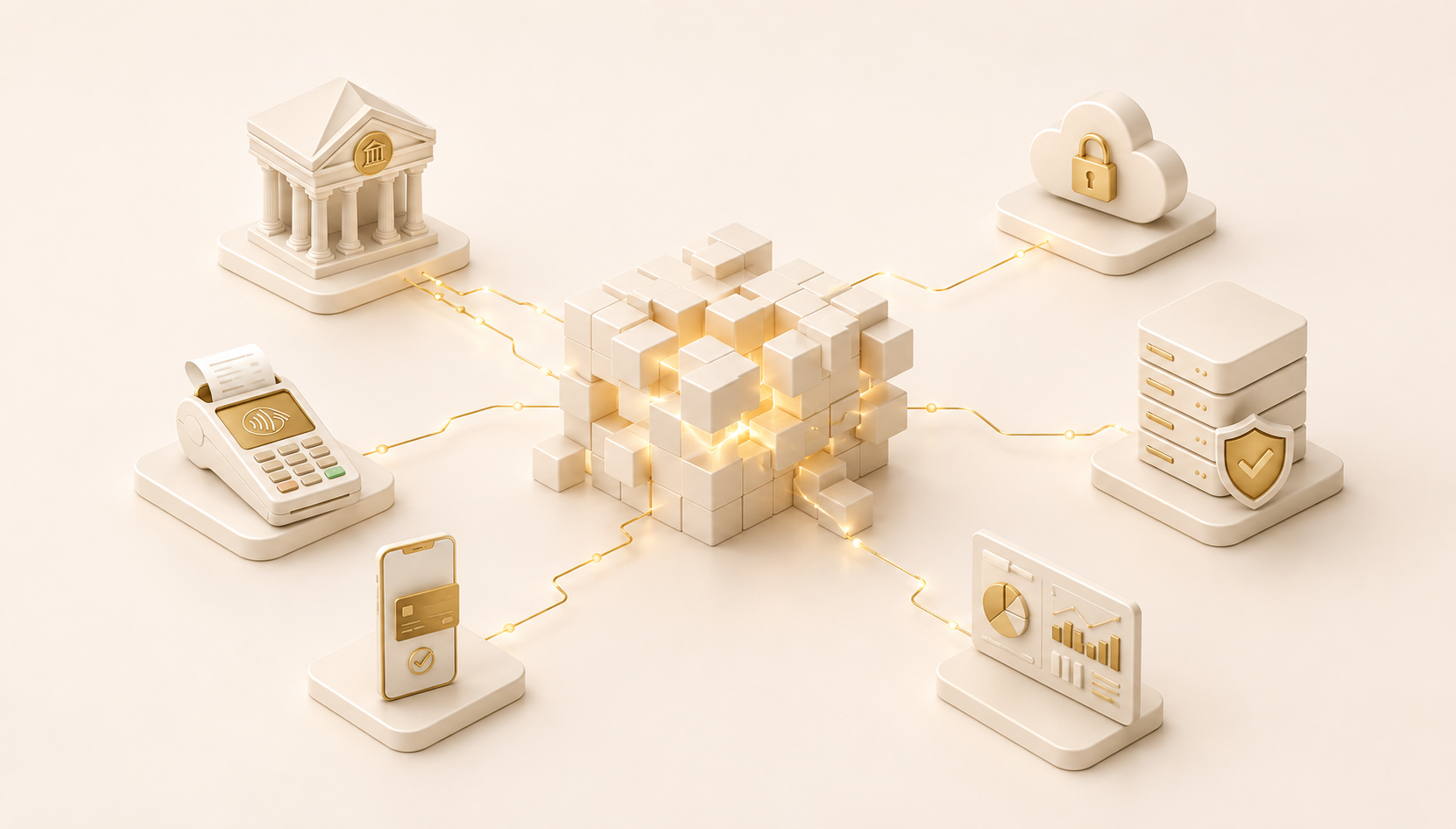 Isometric illustration of a central payment cube linked to a bank, a card terminal, a phone, a server and analytics