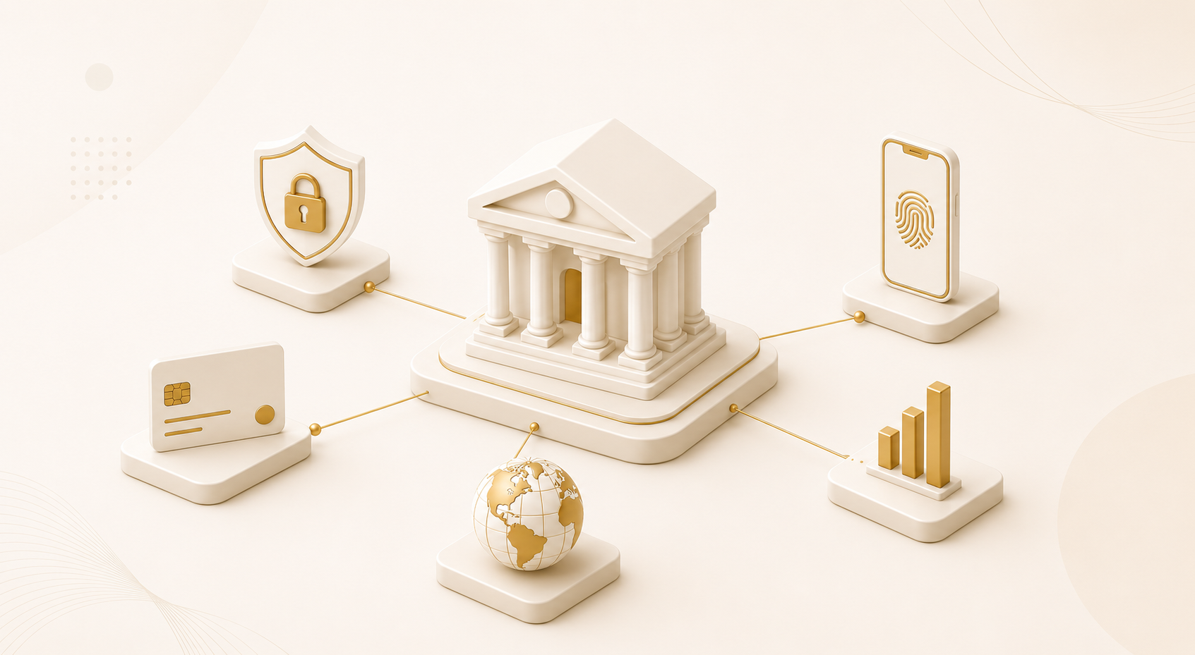 Isometric illustration of a bank connected to a card, a phone, a globe, a shield and a chart