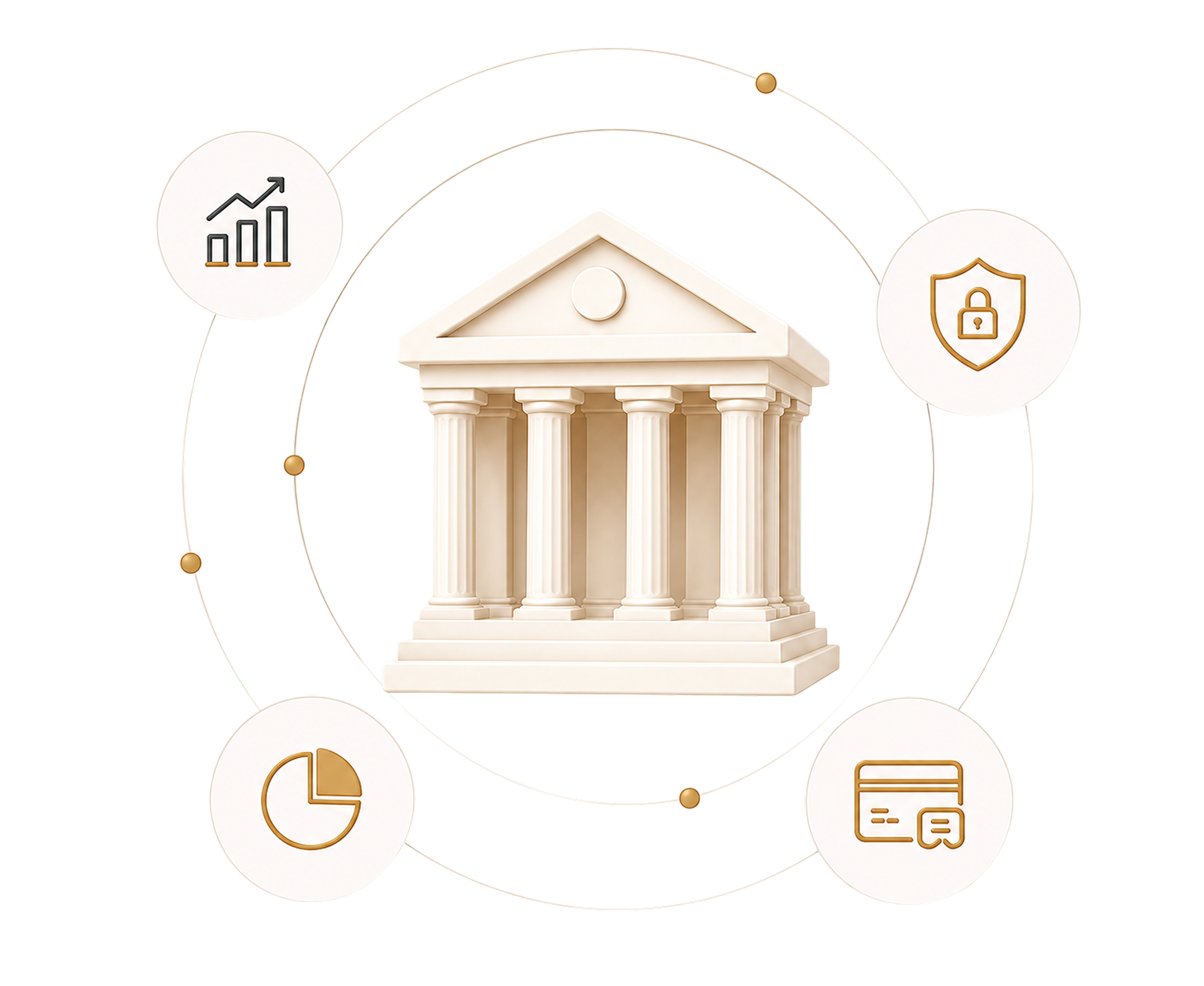 A bank orbited by analytics, security, reporting and card-payment icons